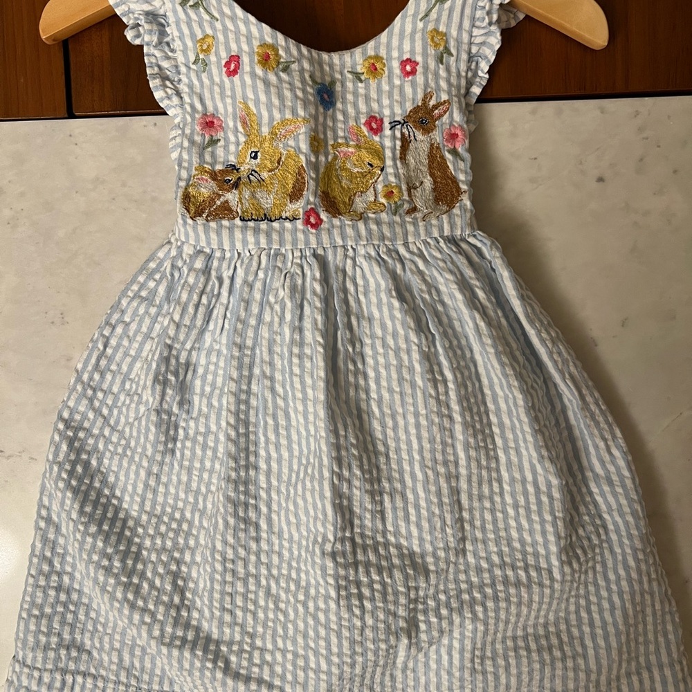Mini Baby Boden Bunny Easter Embroidered Stripe Cotton Pinafore Dress 12-18M